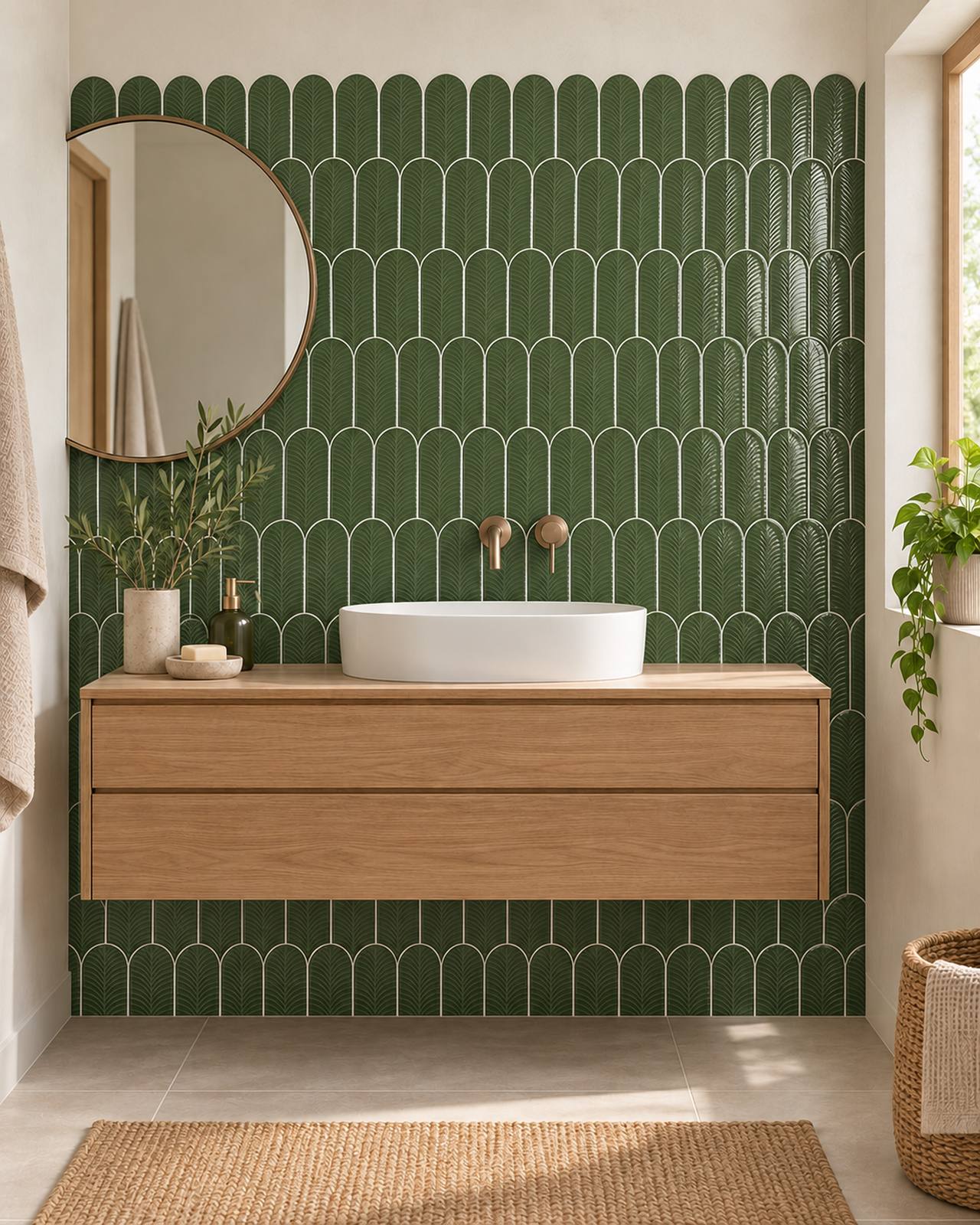 Groene bladtegels met ronde bovenrand achter een houten wastafelmeubel.