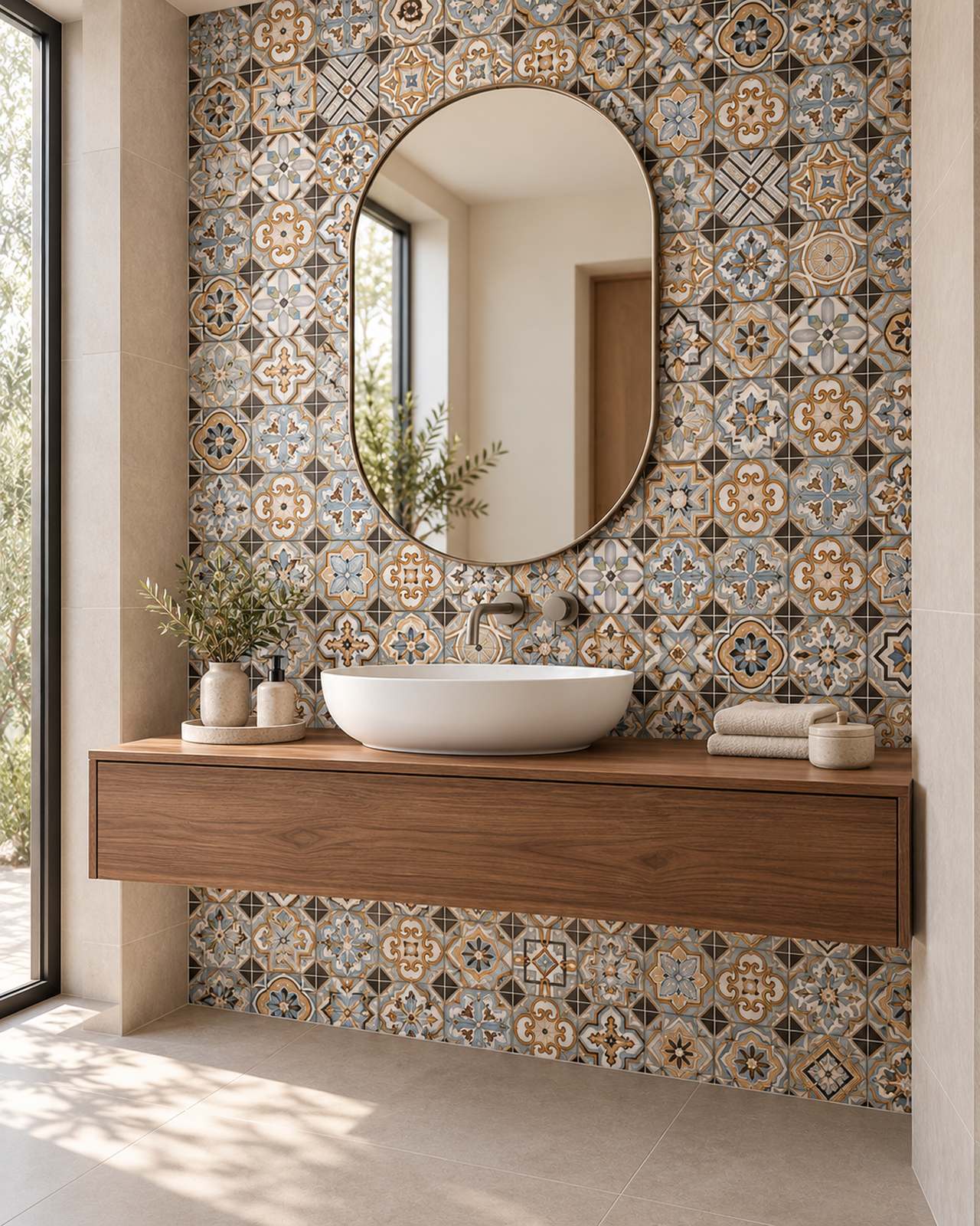 Badkamer met decoratieve wandtegels achter een houten wastafelmeubel