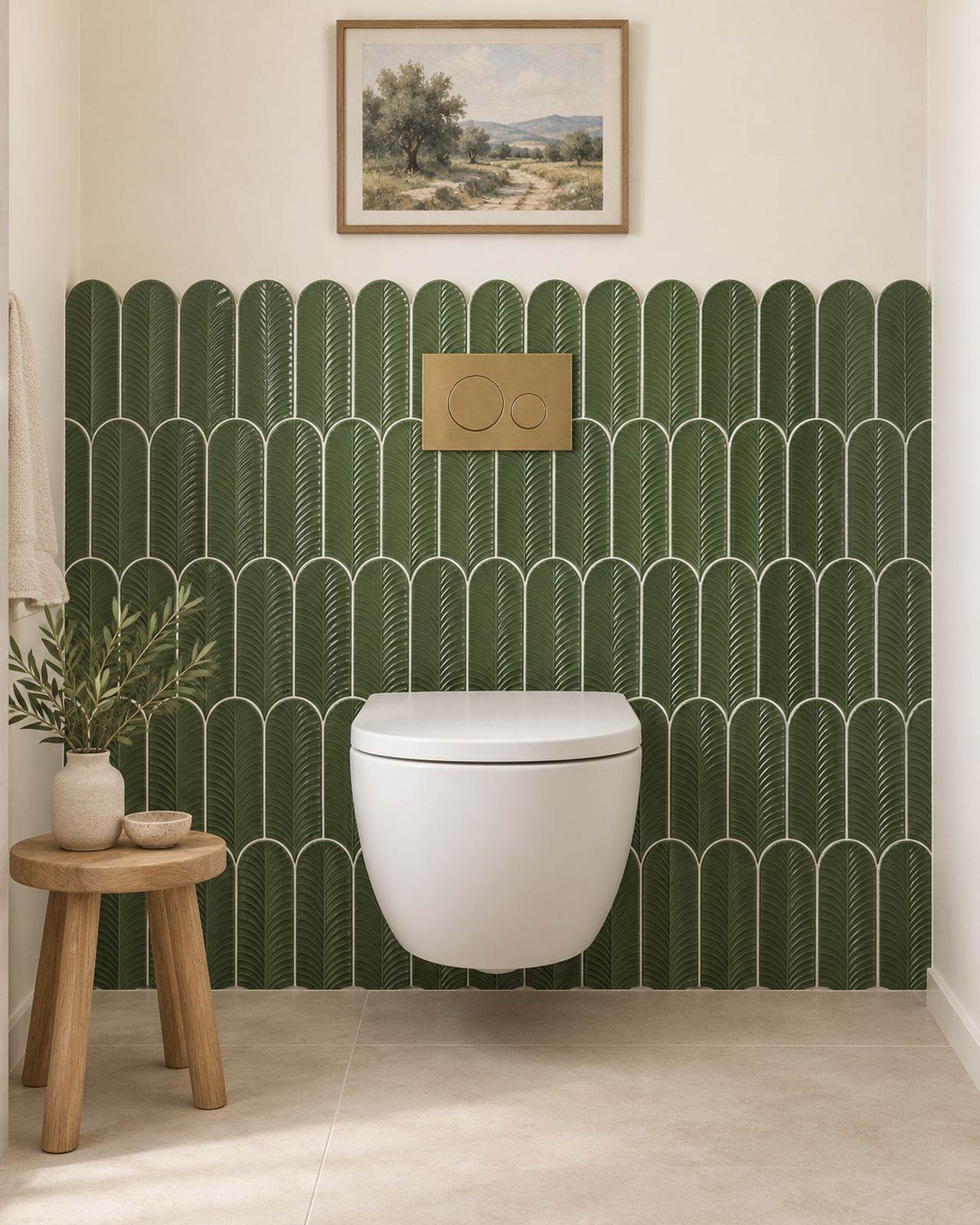 1. Olijfgroene bladtegels met reliëf achter een hangend toilet.
