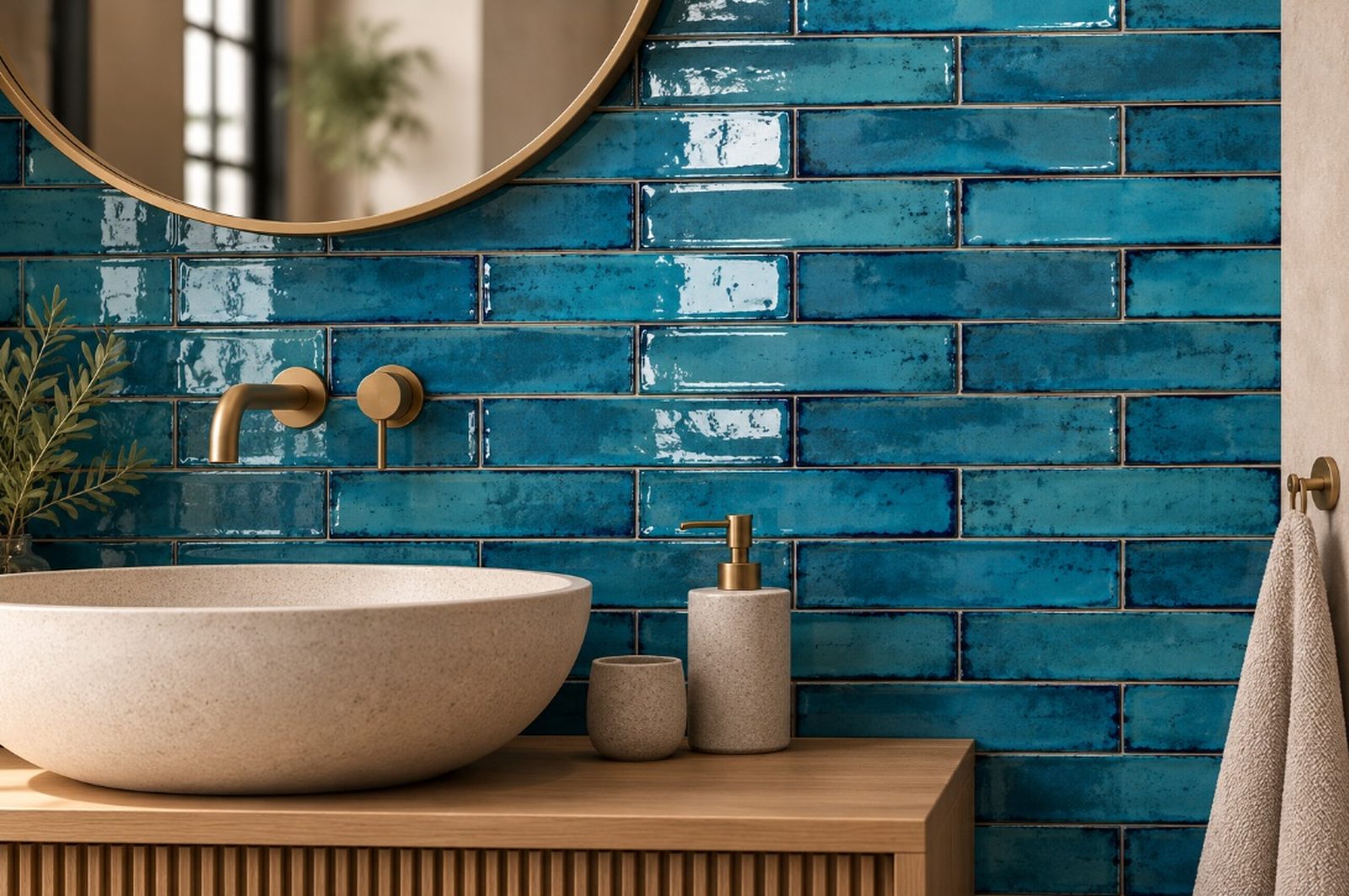 Glanzende turquoise Cifre Alchimia Blue wandtegels achter een beige waskom, met een houten wastafelmeubel en messing wandkraan.