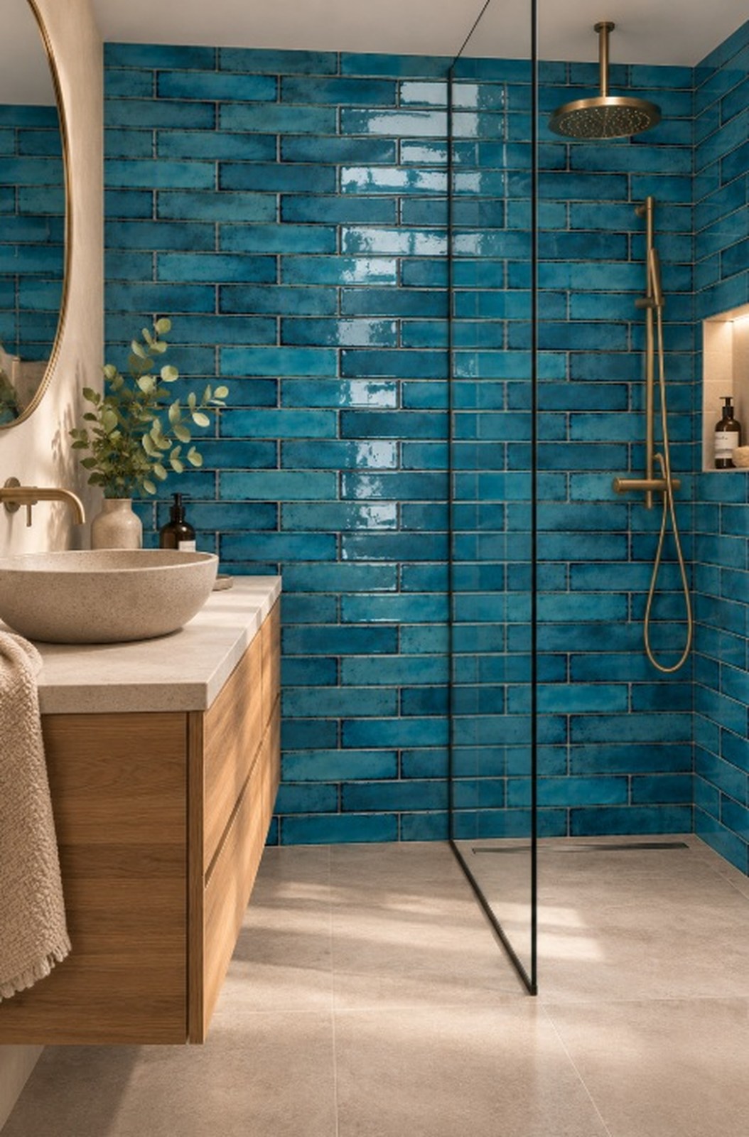 Badkamer met glanzende Cifre Alchimia Blue wandtegels in horizontaal verspringend verband, een glazen douchewand en messing regendouche.