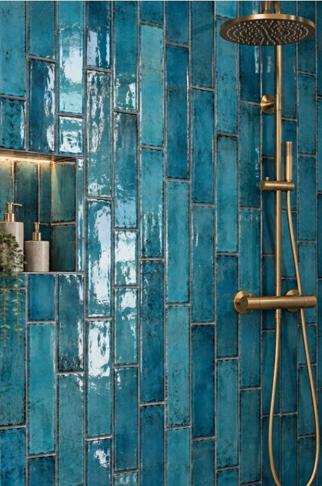 Glanzende turquoise Cifre Alchimia Blue wandtegels in verticaal verspringend verband, met een ingebouwde nis en messing douchekraan.