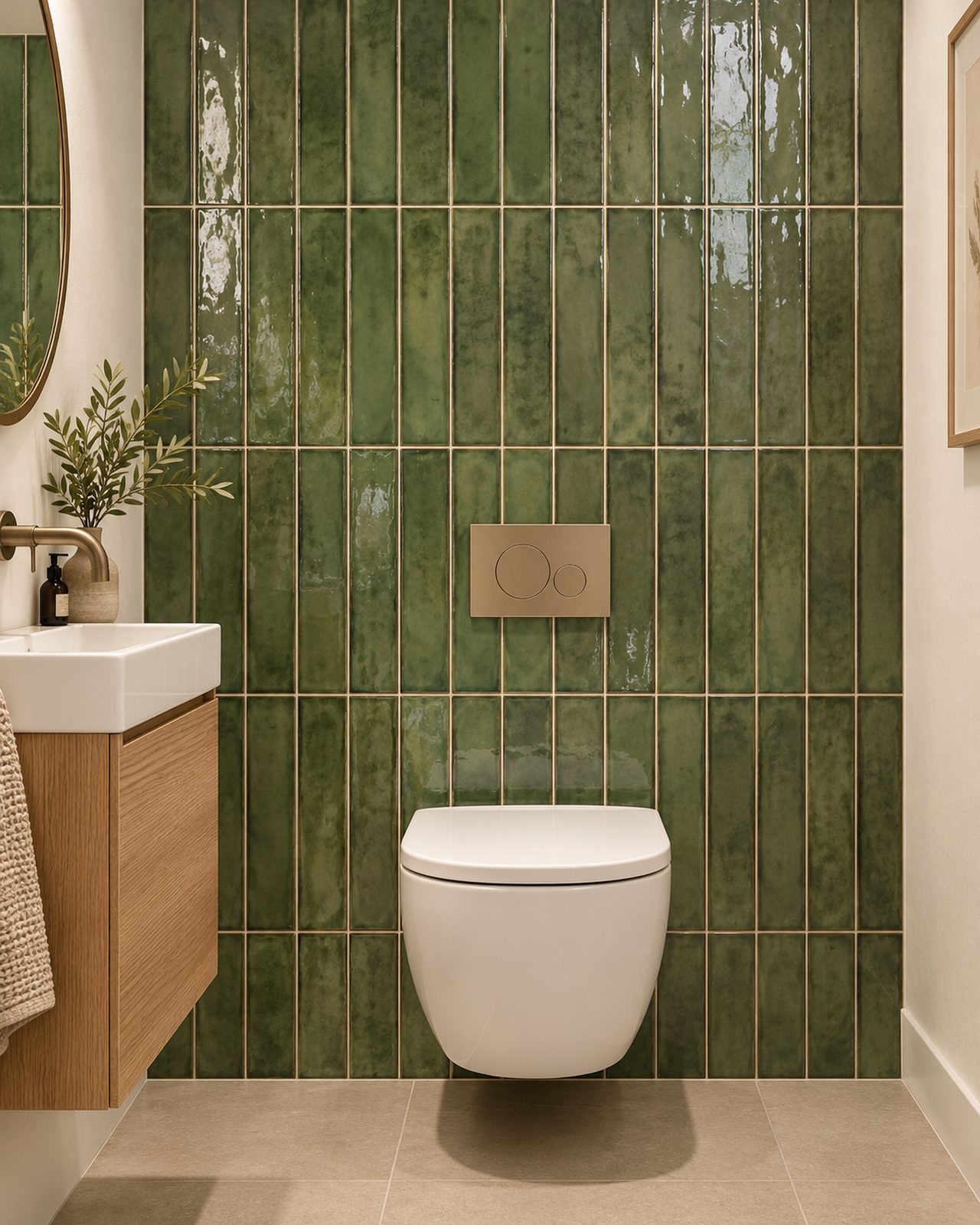 Cifre Alchimia Olive wandtegels van 7,5 × 30 cm verticaal in recht verband achter een hangend toilet.