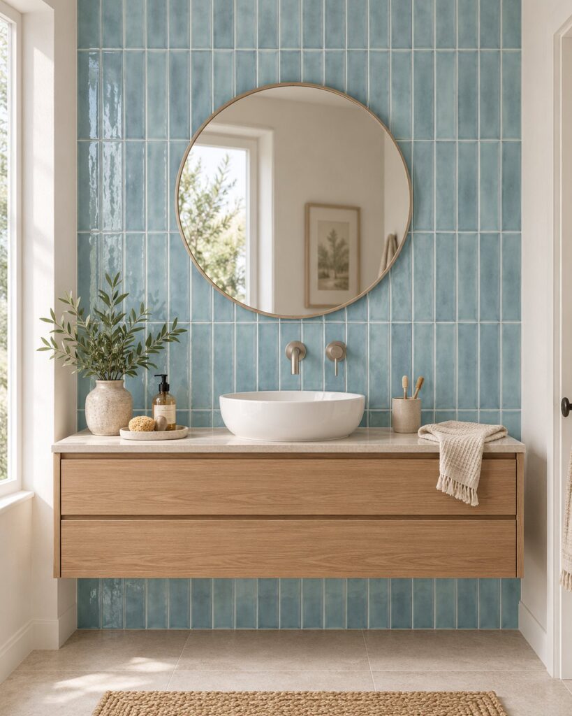 Cifre Opal Turquoise glanstegels van 7,5 × 30 cm in verticaal recht verband achter een houten wastafelmeubel met witte waskom en ronde spiegel.