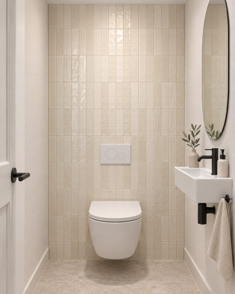 Glanzende Cifre Moos Ivory wandtegels in verticaal recht verband achter een hangend toilet, met rechts een witte fontein en zwarte kraan.