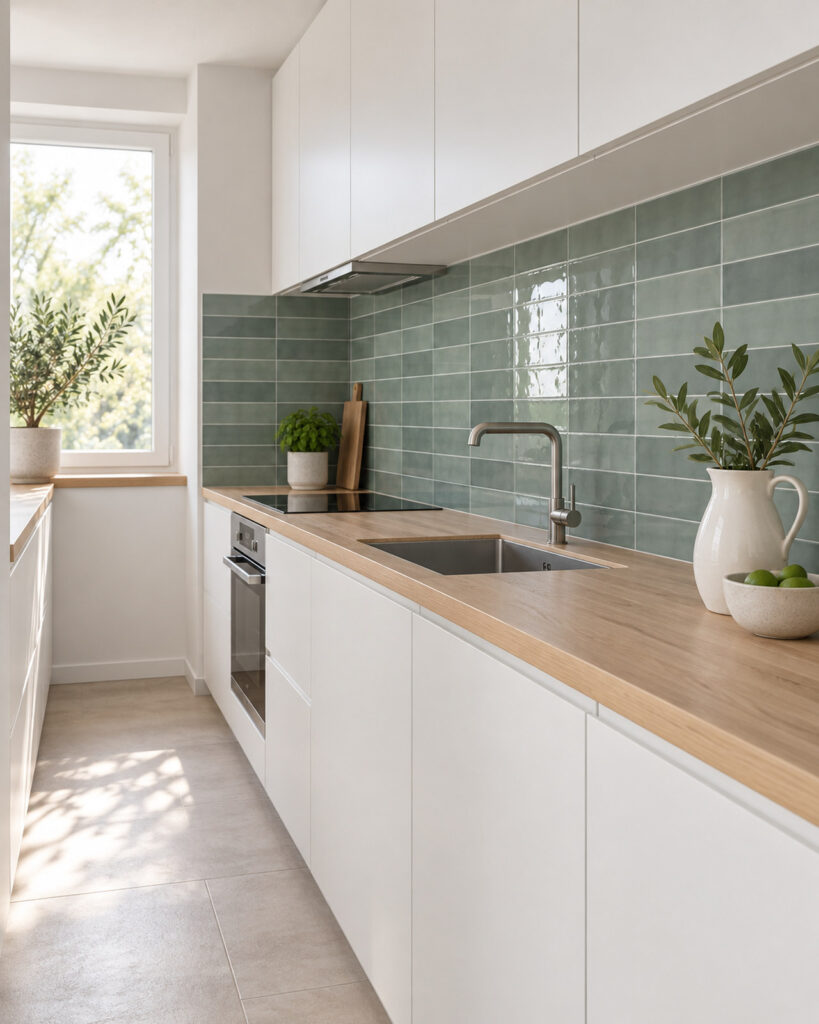 Cifre Moos Jade wandtegels in horizontaal recht verband als achterwand in een witte parallelle keuken met houten werkblad.