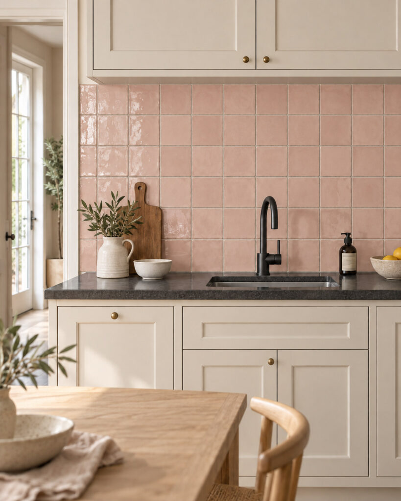 Cifre Moos Pink wandtegels in recht verband als keukenachterwand bij crèmekleurige kasten, een donker werkblad en zwarte kraan.