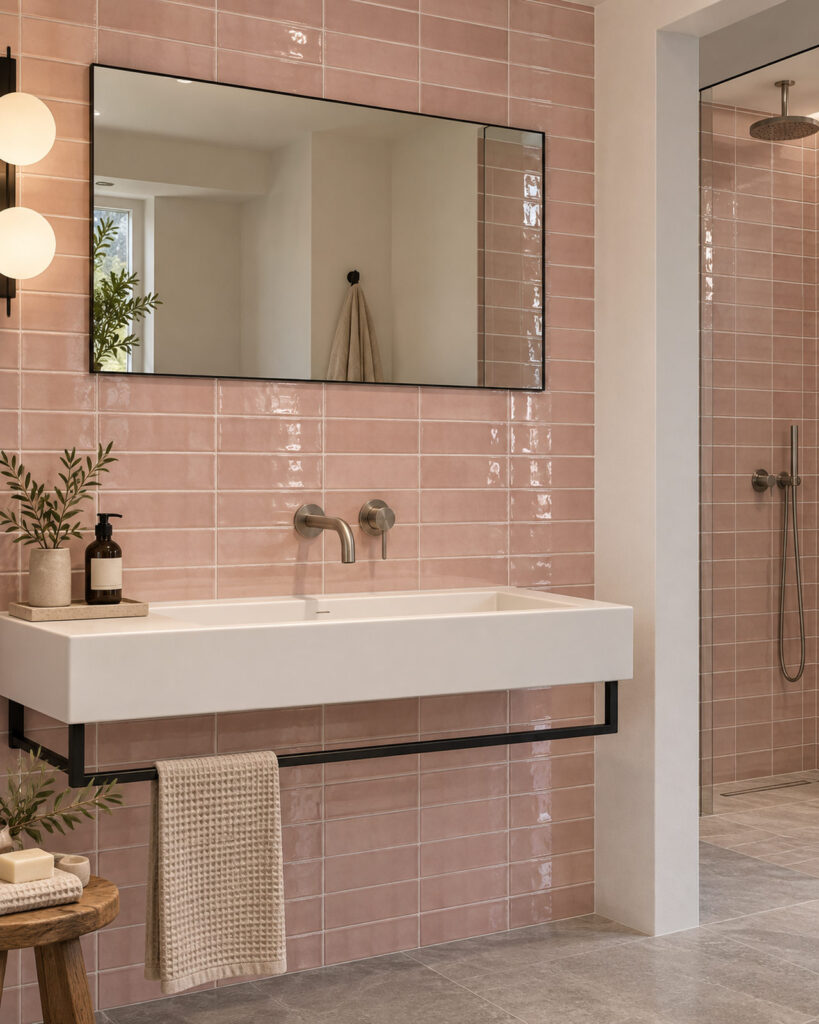 Glanzende Cifre Moos Pink wandtegels van 6,5 × 26 cm in horizontaal recht verband achter een brede witte wastafel en rechthoekige spiegel.