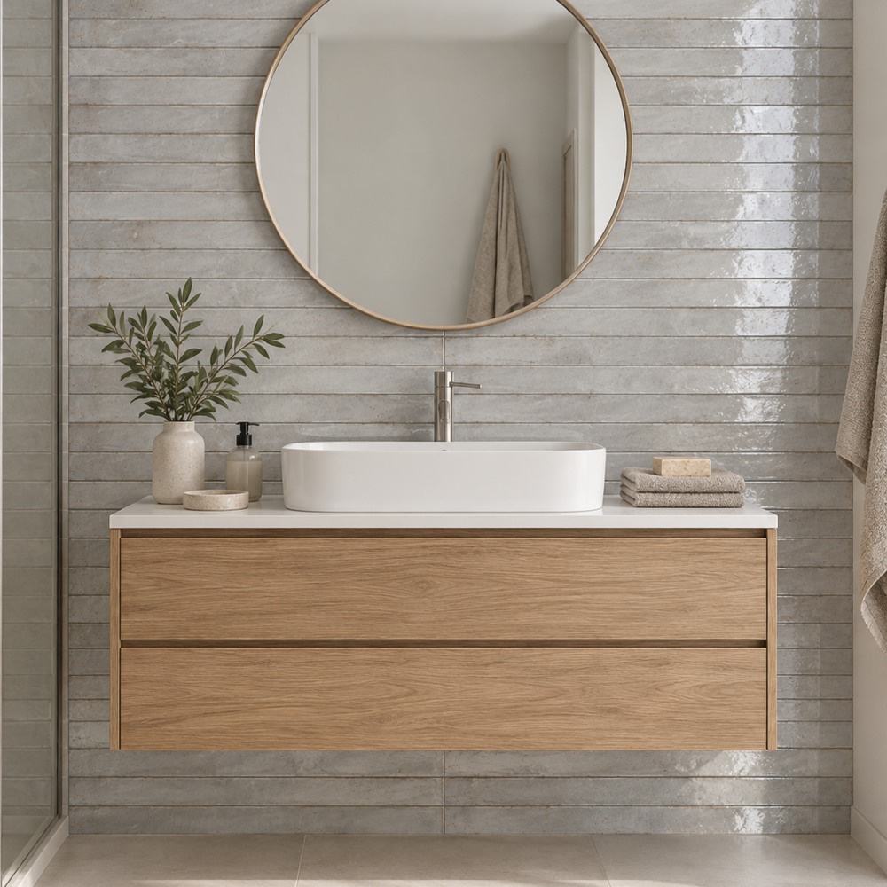Cifre Genesi Pearl glans 4,8 × 45 cm in horizontaal recht verband achter een houten badkamermeubel met witte waskom en ronde spiegel.