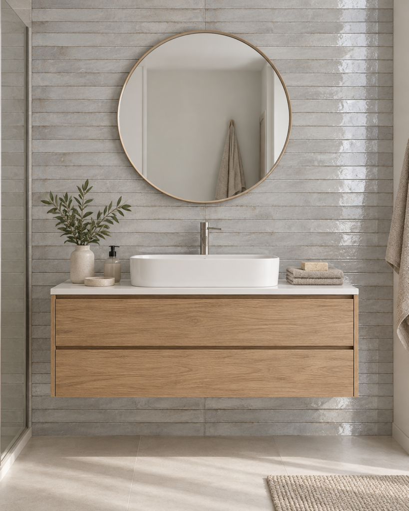 Cifre Genesi Pearl glans 4,8 × 45 cm in horizontaal recht verband achter een houten badkamermeubel met witte waskom en ronde spiegel.