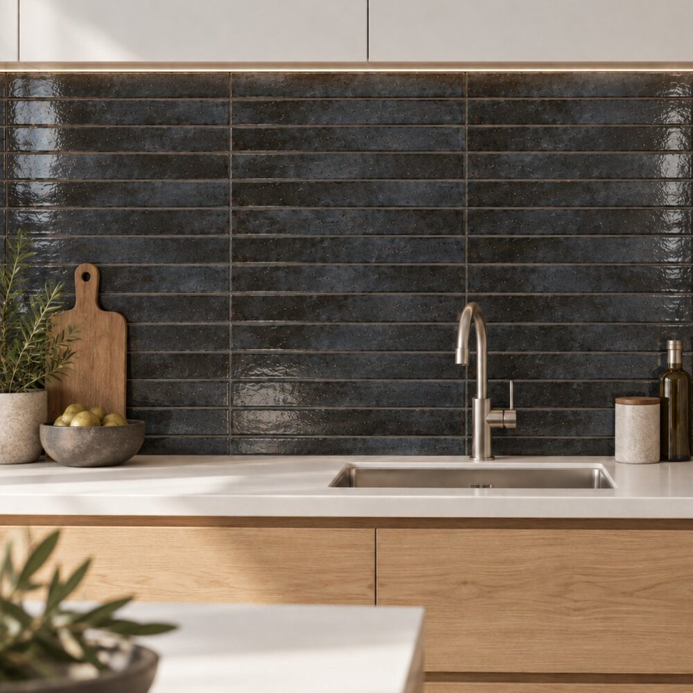 Glanzende Cifre Genesi Anthracite tegels van 4,8 × 45 cm als keukenachterwand in horizontaal recht verband, boven een licht werkblad met eiken kasten.
