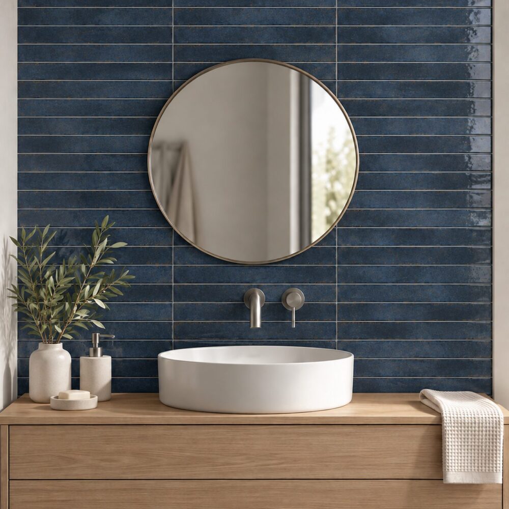 Cifre Genesi Blue glans 4,8 × 45 cm in horizontaal recht verband achter een witte waskom, met blauwe nuances, een eiken wastafelmeubel en ronde spiegel.