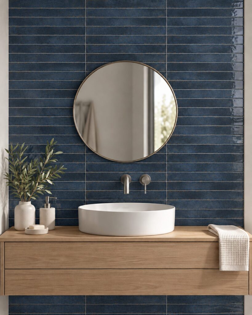 Cifre Genesi Blue glans 4,8 × 45 cm in horizontaal recht verband achter een witte waskom, met blauwe nuances, een eiken wastafelmeubel en ronde spiegel.