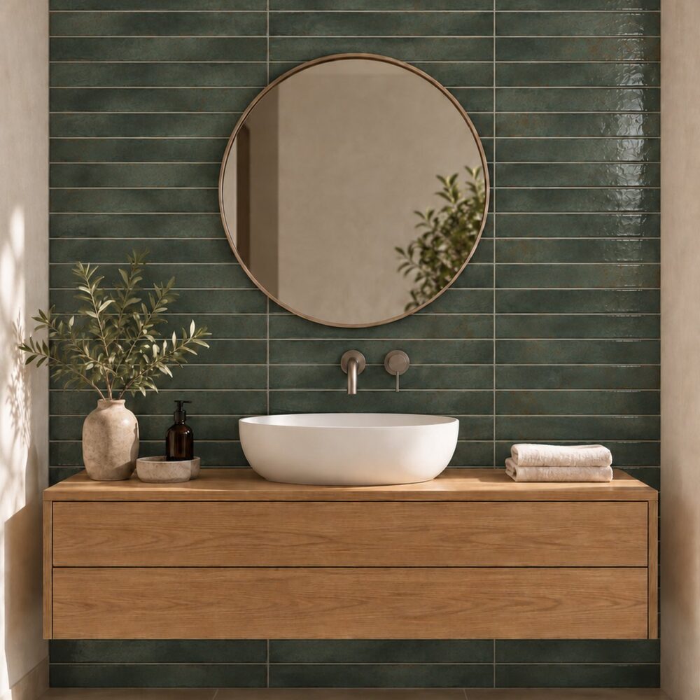 Cifre Genesi Green glans 4,8 × 45 cm in horizontaal recht verband achter een witte waskom, met vergrijsde groene nuances, een eiken wastafelmeubel en ronde spiegel.