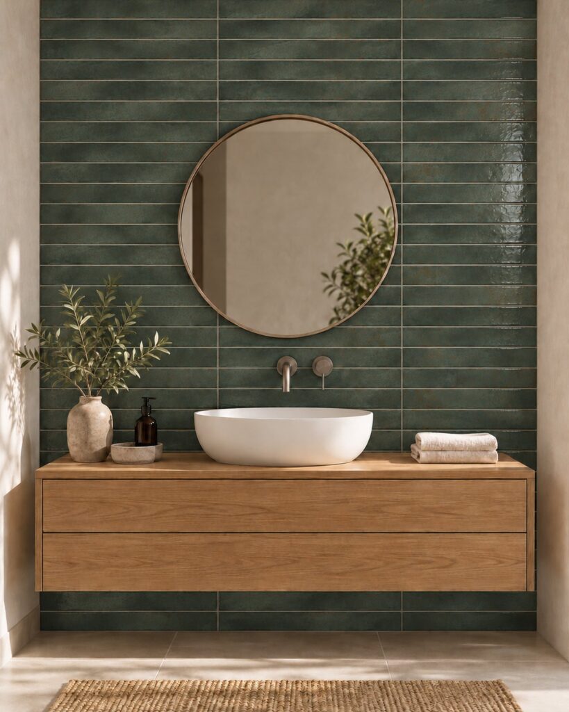 Cifre Genesi Green glans 4,8 × 45 cm in horizontaal recht verband achter een witte waskom, met vergrijsde groene nuances, een eiken wastafelmeubel en ronde spiegel.