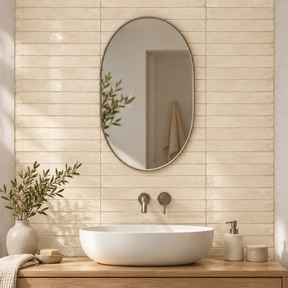 Cifre Genesi Ivory glans 4,8 × 45 cm in horizontaal recht verband achter een witte waskom, met zachte ivoornuances, een eiken wastafelmeubel en ovale spiegel.