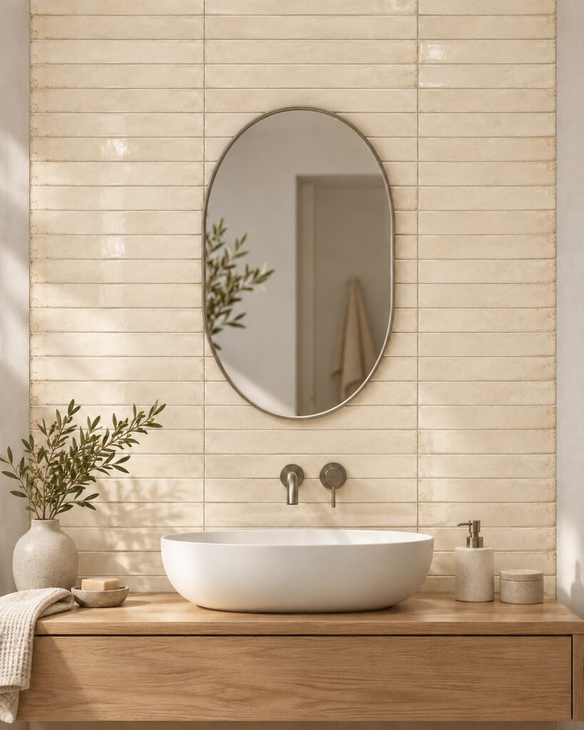 Cifre Genesi Ivory glans 4,8 × 45 cm in horizontaal recht verband achter een witte waskom, met zachte ivoornuances, een eiken wastafelmeubel en ovale spiegel.