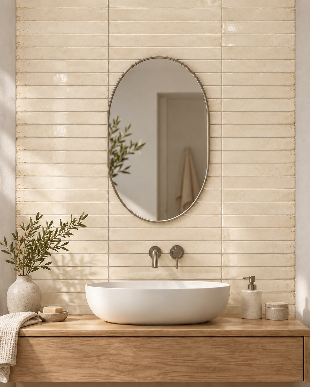 Cifre Genesi Ivory glans 4,8 × 45 cm in horizontaal recht verband achter een witte waskom, met zachte ivoornuances, een eiken wastafelmeubel en ovale spiegel.