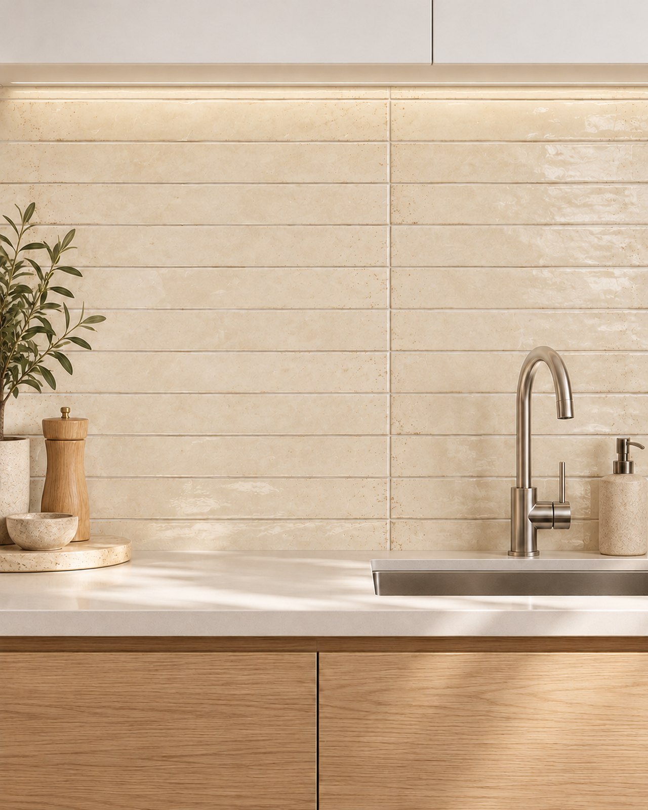Glanzende Cifre Genesi Ivory tegels van 4,8 × 45 cm als keukenachterwand in horizontaal recht verband, boven een licht werkblad met eiken kasten en stalen kraan.