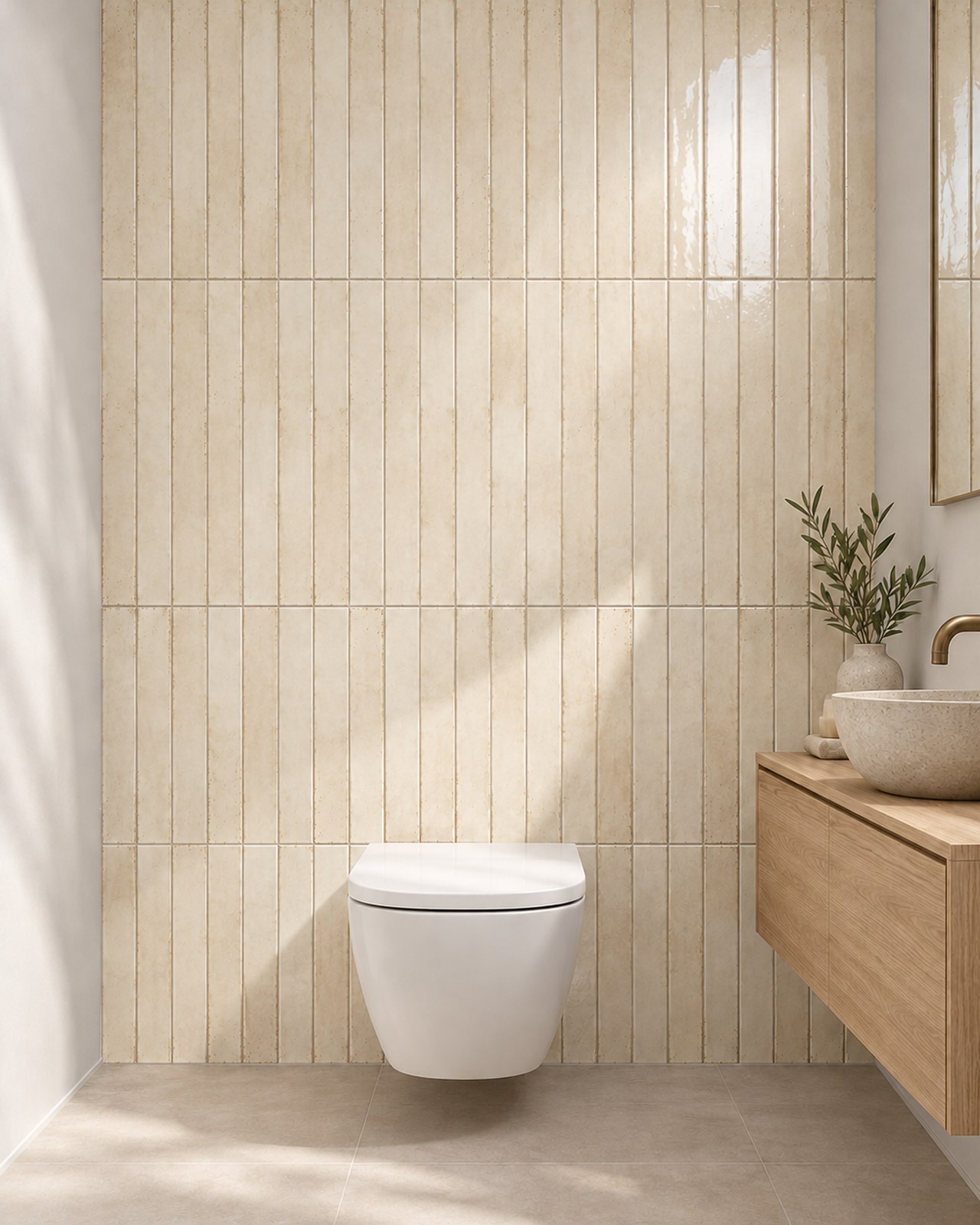 Cifre Genesi Ivory glans 4,8 × 45 cm in verticaal recht verband achter een wit hangtoilet, met lichte ivoornuances naast een eiken fonteinkast.