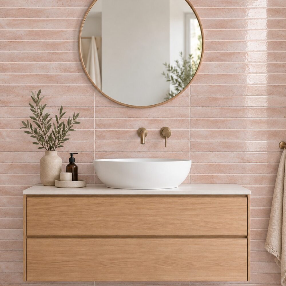 Cifre Genesi Pink glans 4,8 × 45 cm in horizontaal recht verband achter een houten badkamermeubel met witte waskom en ronde spiegel.