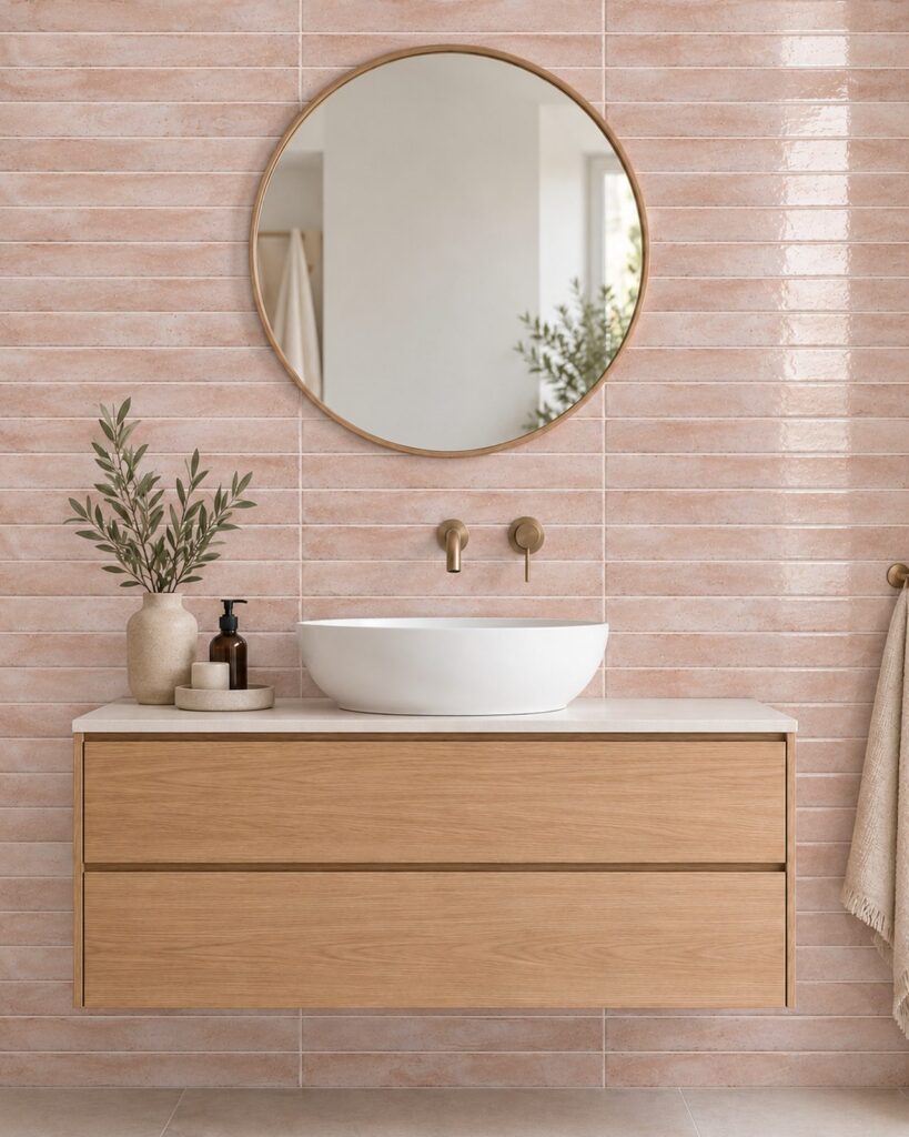 Cifre Genesi Pink glans 4,8 × 45 cm in horizontaal recht verband achter een houten badkamermeubel met witte waskom en ronde spiegel.