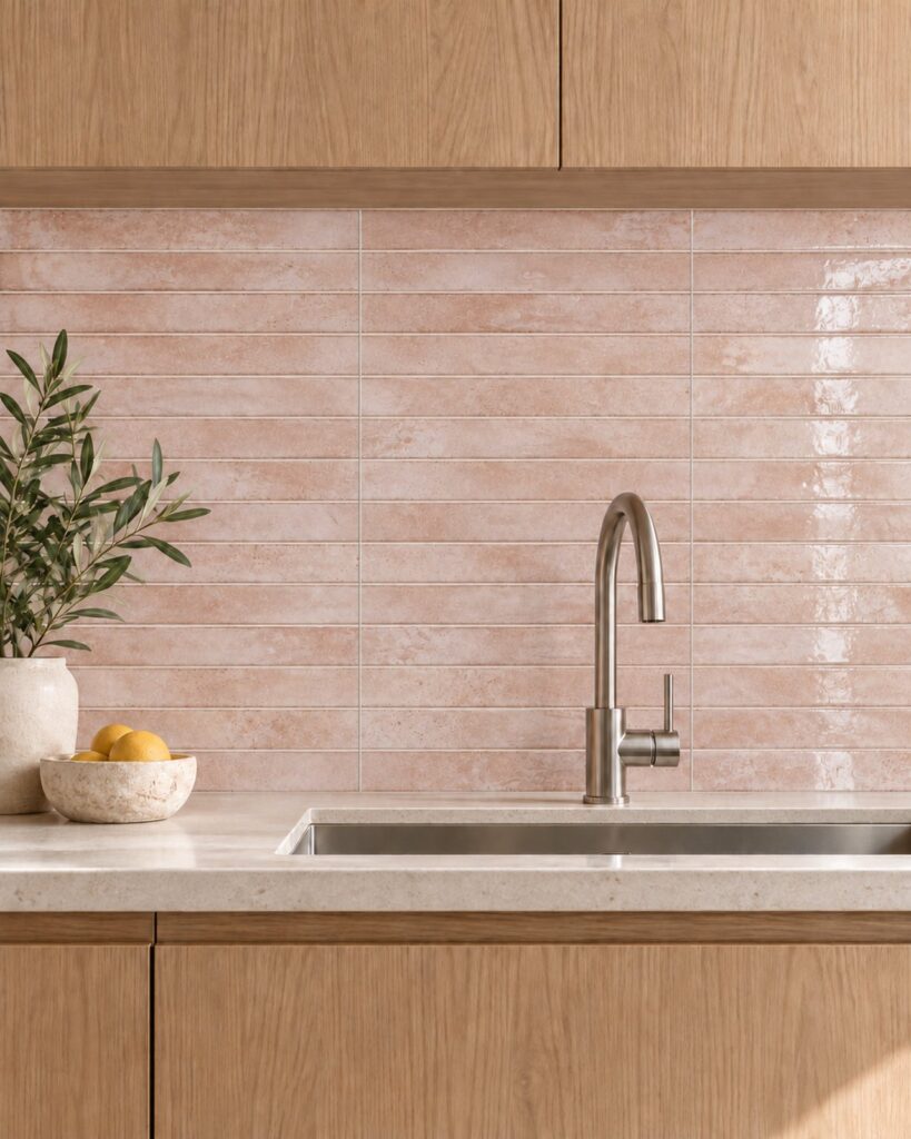 Glanzende roze Cifre Genesi Pink 4,8 × 45 cm als keukenachterwand in horizontaal recht verband, boven een licht werkblad met spoelbak.