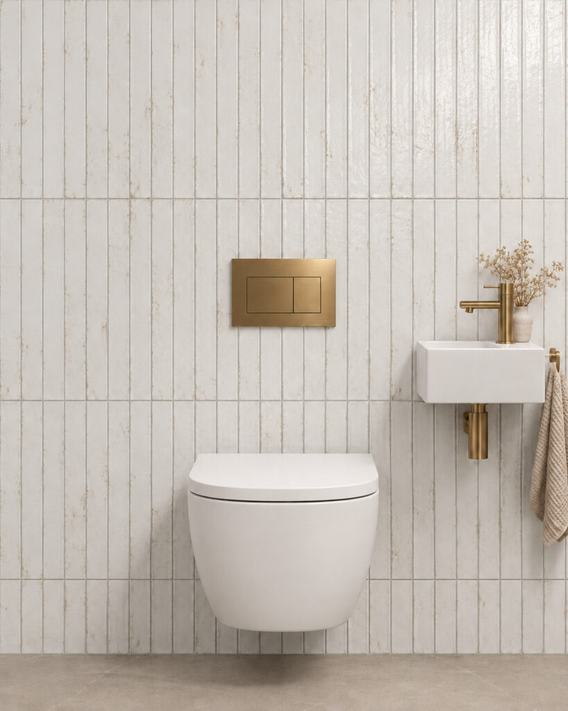 Glanzende witte Cifre Genesi wandtegels in verticaal recht verband achter een hangend toilet, met een witte fontein en messingkleurige details.