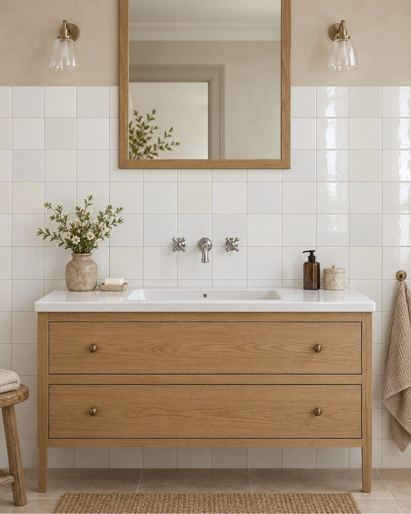 Friese witjes glans van 13 × 13 cm in recht verband achter een houten wastafelmeubel met witte wastafel en houten spiegel.