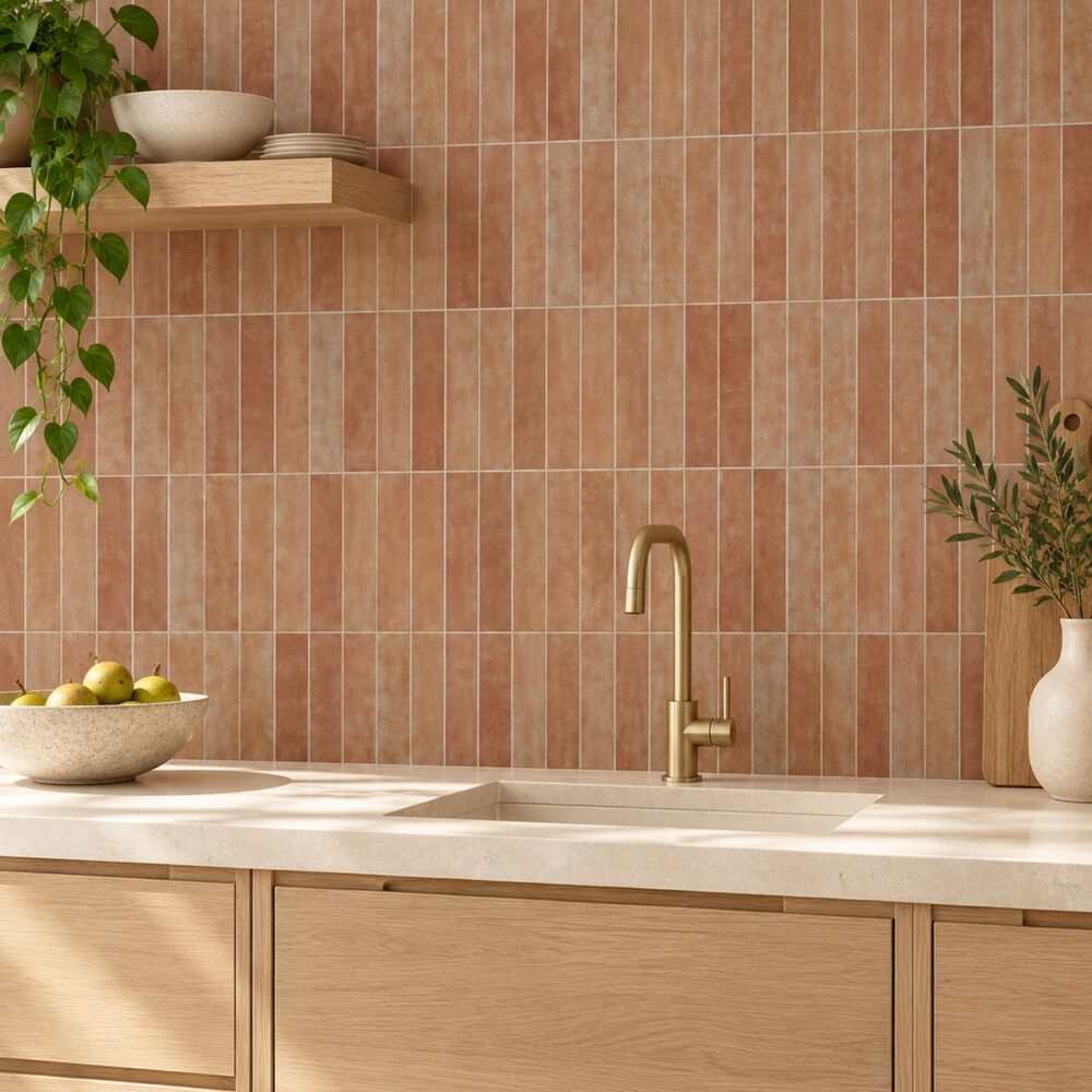 Terracottakleurige wandtegels in verticaal verband bij een eiken keuken.
