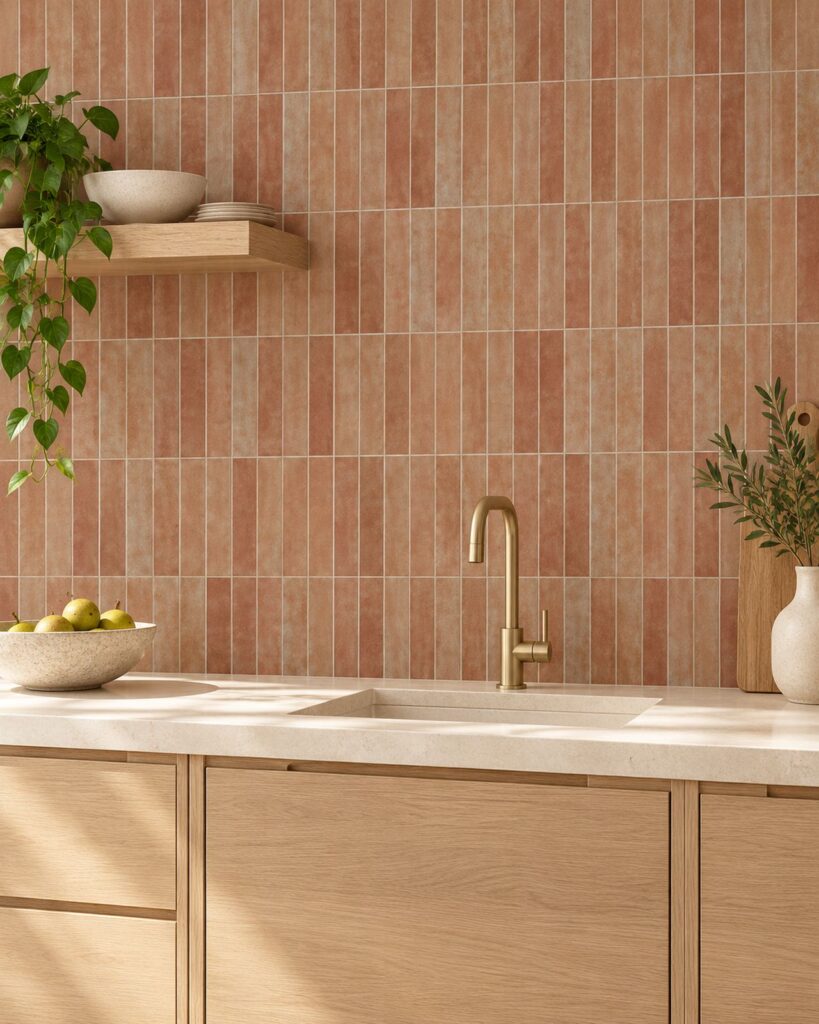 Terracottakleurige wandtegels in verticaal verband bij een eiken keuken.