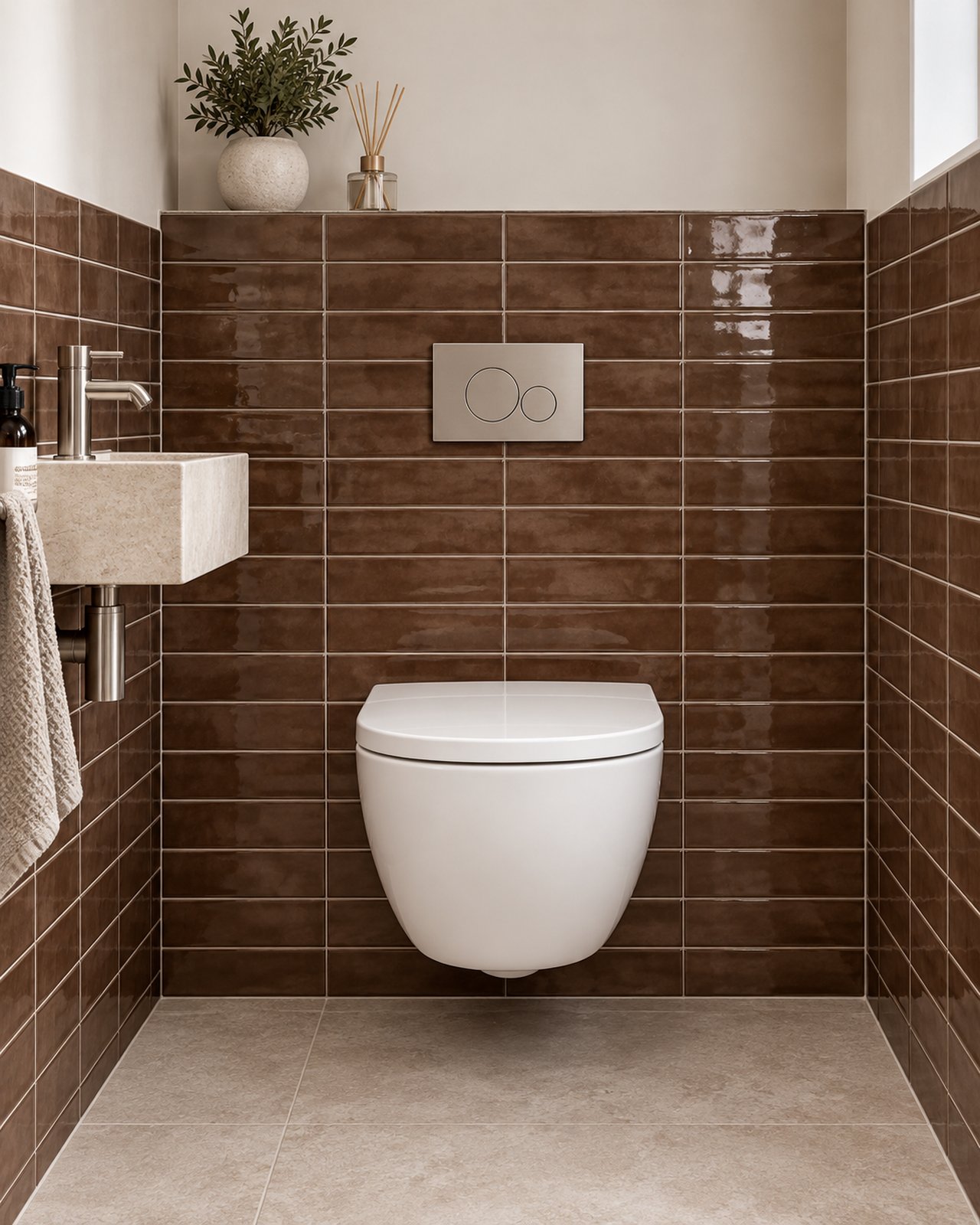 Cifre Opal Moka glanstegels van 7,5 × 30 cm in horizontaal recht verband in een toiletruimte met wit hangtoilet en stenen fonteintje.