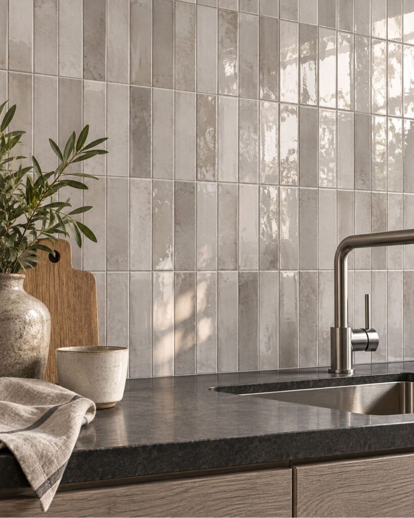 Keradom Home Brick Ash 6x25 cm glanzende wandtegels in verticaal recht verband boven een donker keukenwerkblad met rvs kraan.