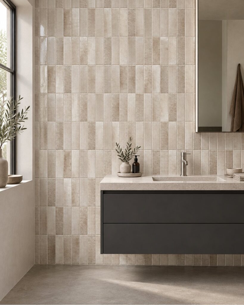 Keradom Home Brick Honey 6x25 cm lichtbeige wandtegels in verticaal recht verband achter een donker badkamermeubel met licht wastafelblad.