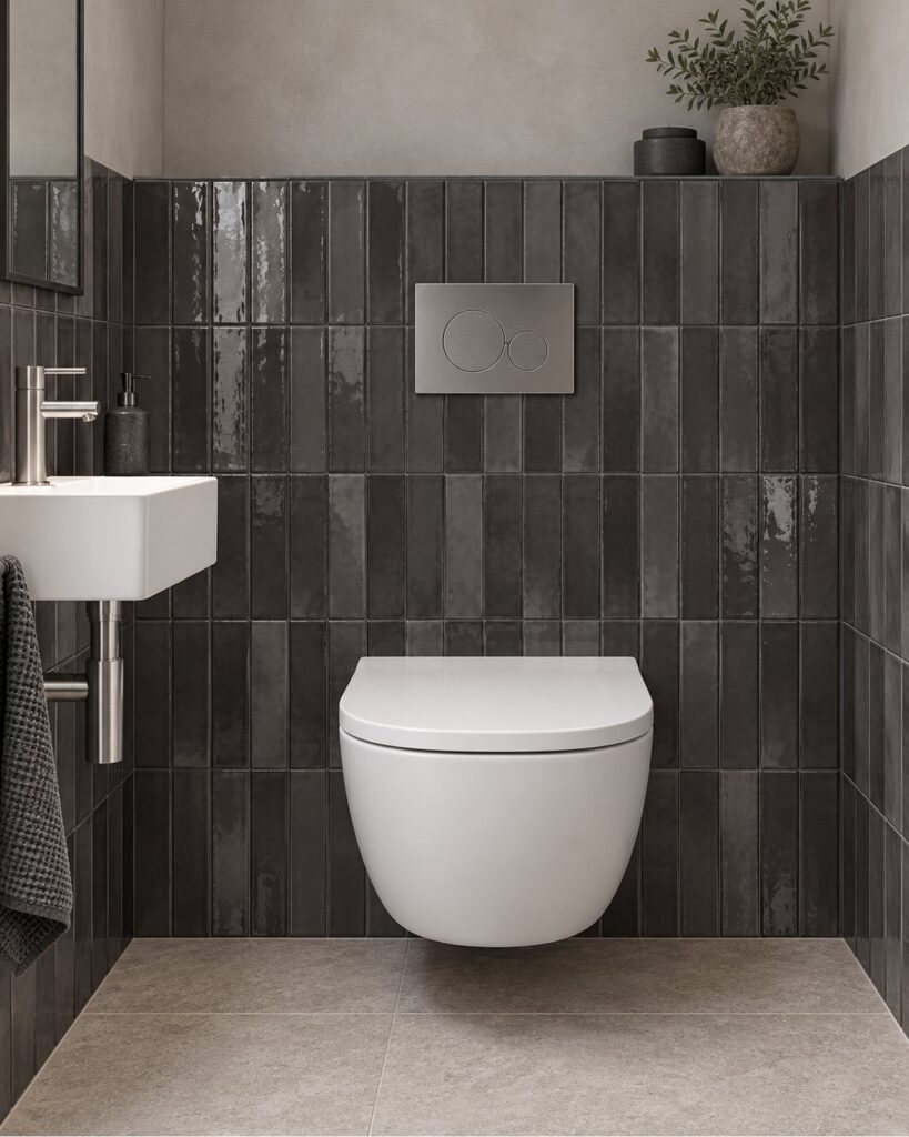 Keradom Home Brick Liquirice 6x25 cm glanzende antracietkleurige wandtegels in verticaal recht verband achter een wit hangtoilet met rvs bedieningsplaat.