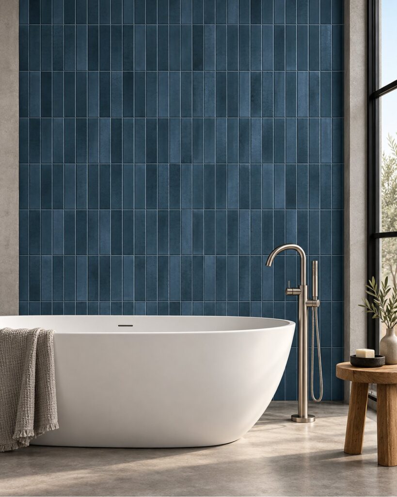 Keradom Home Brick Navy 6x25 cm blauwe wandtegels in verticaal recht verband achter een wit vrijstaand bad met rvs badkraan.