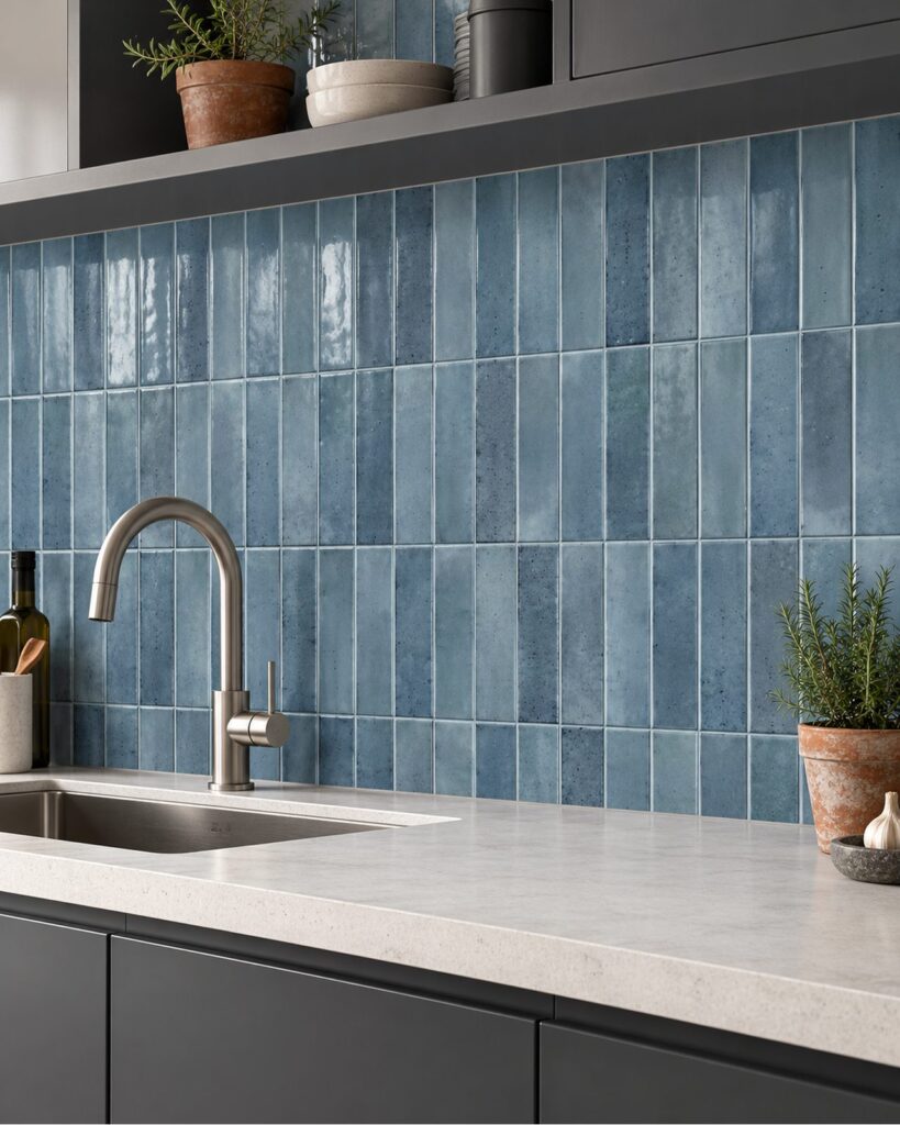 Keradom Home Brick Sky 6x25 cm blauwe wandtegels in verticaal recht verband boven een licht keukenwerkblad met rvs kraan en donkere kasten.
