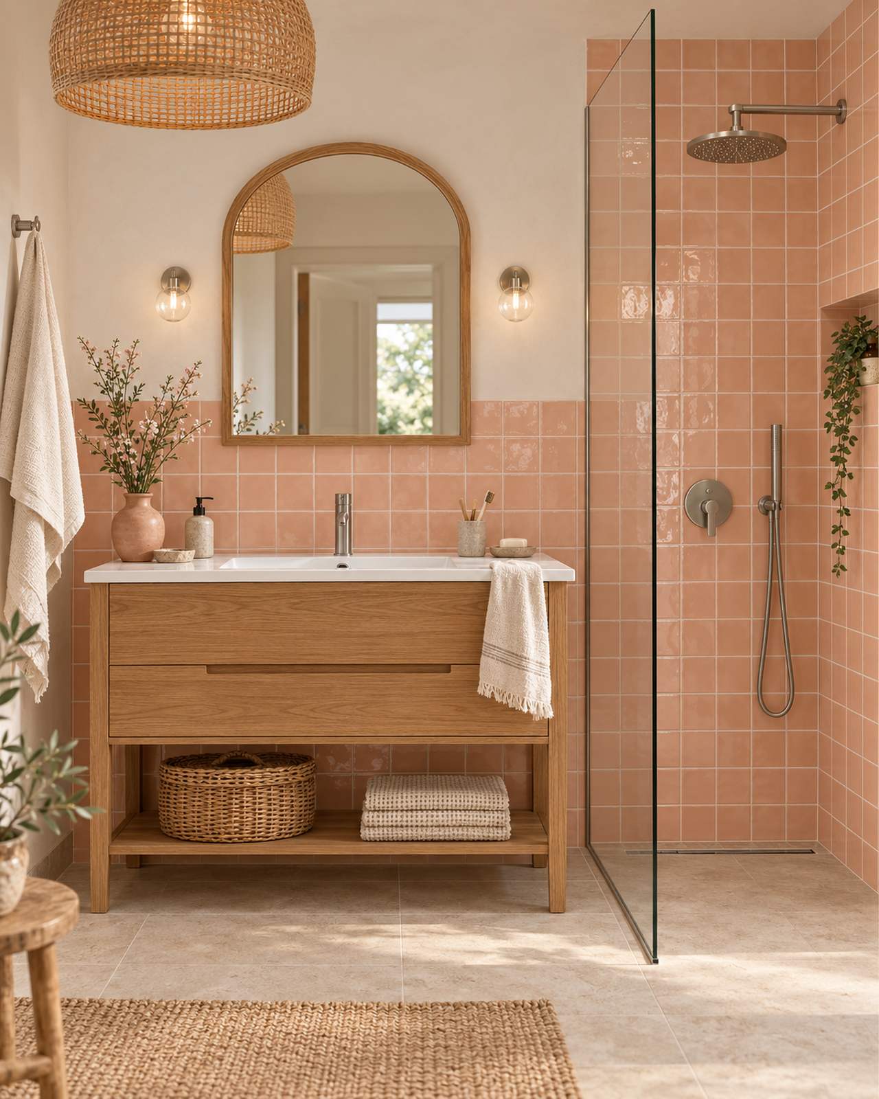 Badkamer met Mindelo Glans Laura Peach 13x13 wandtegels, eiken wastafelmeubel en glazen douchewand