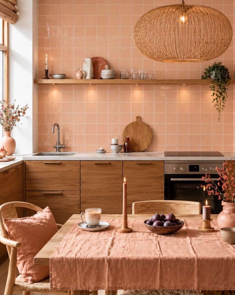 Keuken met Mindelo Glans Laura Peach 13x13 wandtegels, houten kasten en rotan hanglamp