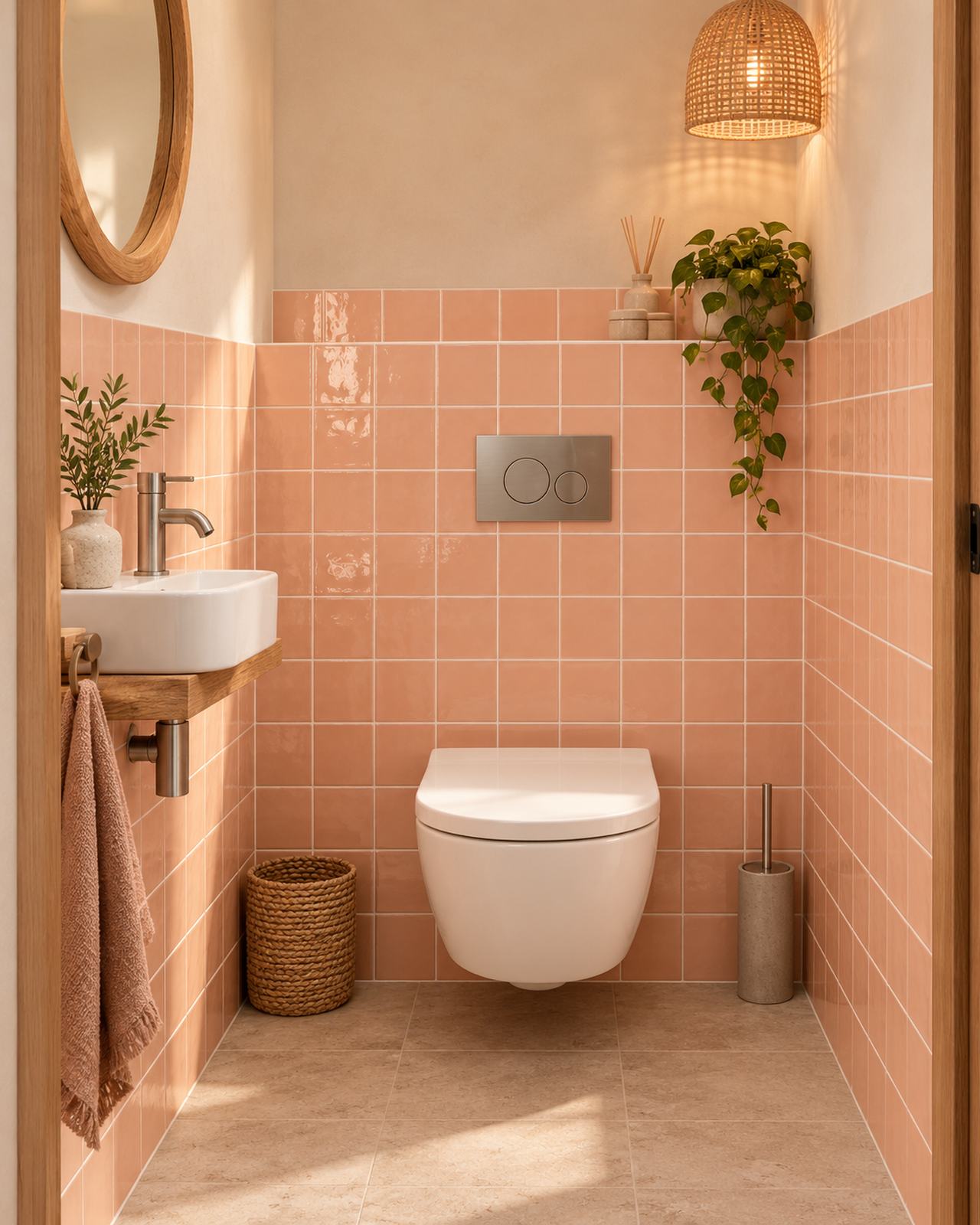 Toilet met Mindelo Glans Laura Peach 13x13 wandtegels, houten fonteintafel en rotan verlichting