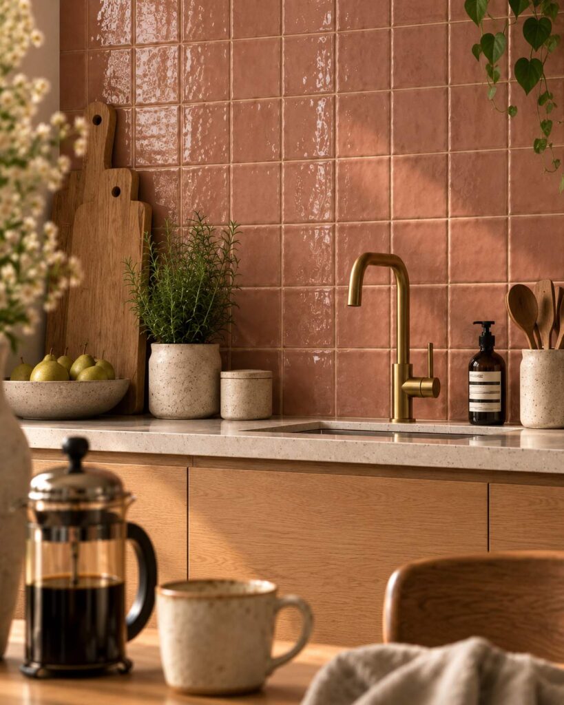 Keuken met Mindelo Glans Mocha Moose 13x13 wandtegels, eiken kasten en een bronzen kraan
