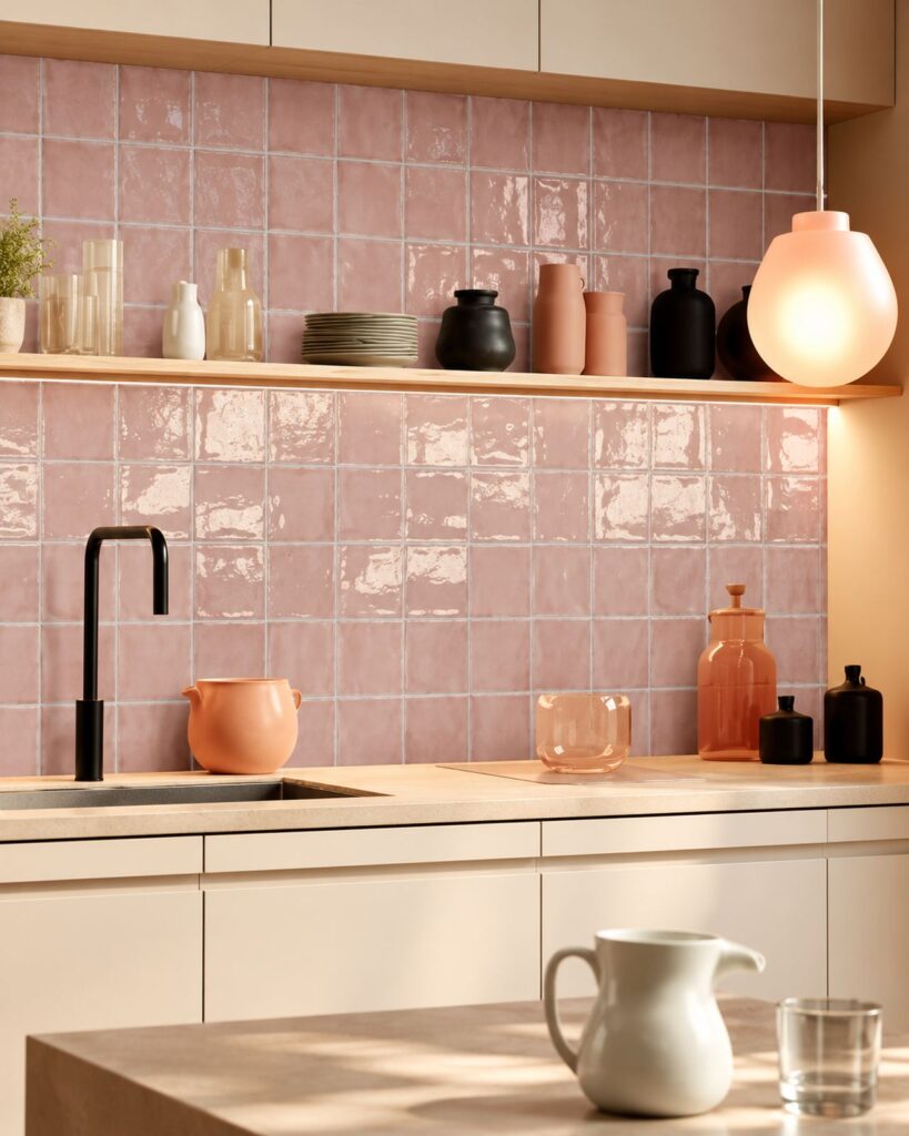 Keuken met Mindelo Glans Noa Pink 13x13 roze wandtegels, crèmekleurige kasten en een zwarte kraan