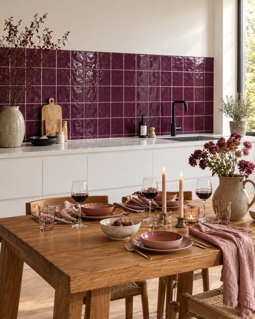 Keuken met Mindelo Glans Royal Purple 13x13 paarse wandtegels, witte kasten en een houten eettafel