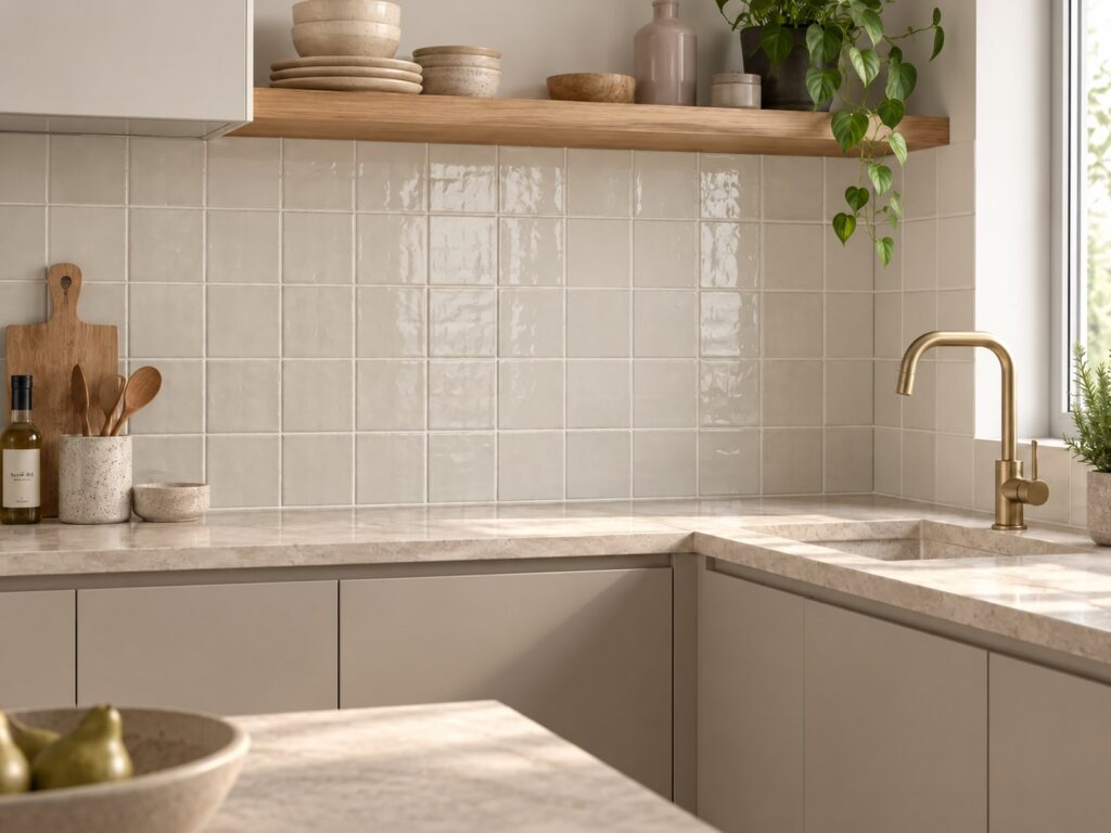 Keuken met glanzende Mindelo Bone wandtegels van 13x13 cm, lichte kasten, een natuurstenen werkblad en messing kraan.