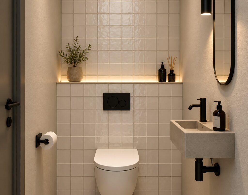 Toiletruimte met glanzende Mindelo Cashmere wandtegels van 10x10 cm, een wit toilet, compact fonteintje en zwarte accessoires.