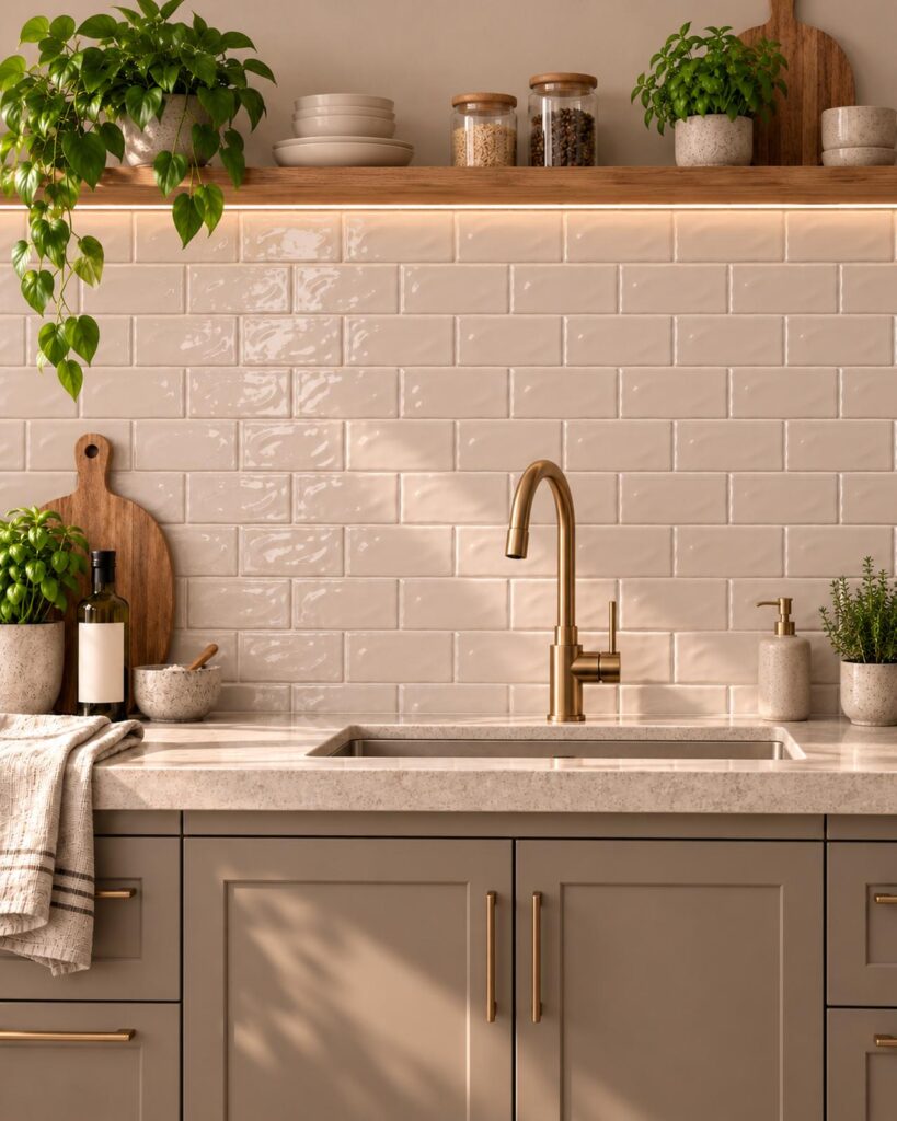 Keuken met Mindelo Glans Cashmere 6,5x13 beige-roze wandtegels en messing kraan