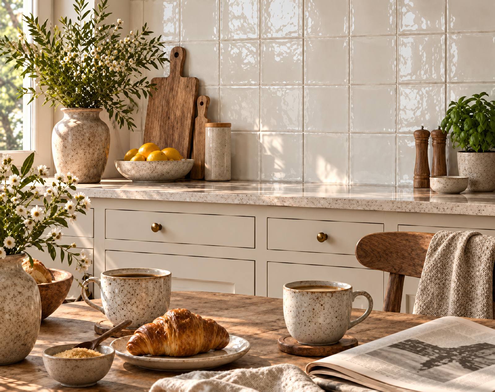 Keukendetail met glanzende Mindelo Crema wandtegels van 13x13 cm, een licht werkblad en houten accessoires.
