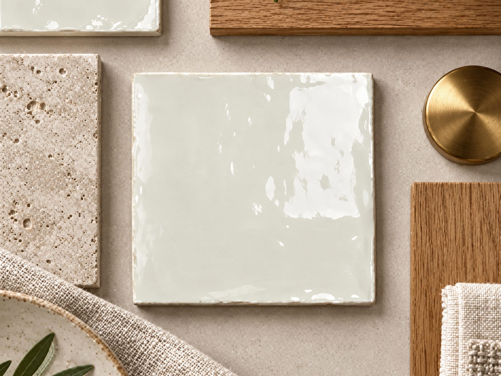 Moodboard met Mindelo Glans Crema 13x13 cm, lichte natuursteen, hout en een messing materiaalstaal.