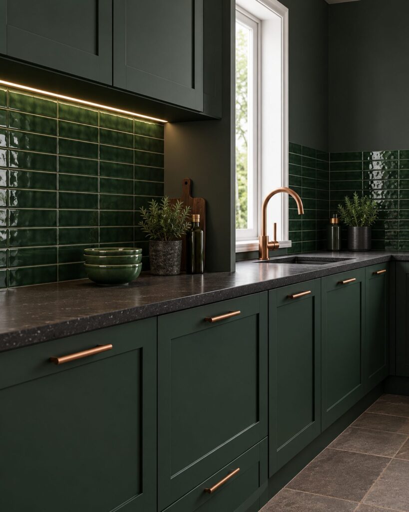Keuken met Mindelo Glans Flessengroen 5x25 wandtegels, donkergroene kasten en koperen kraan