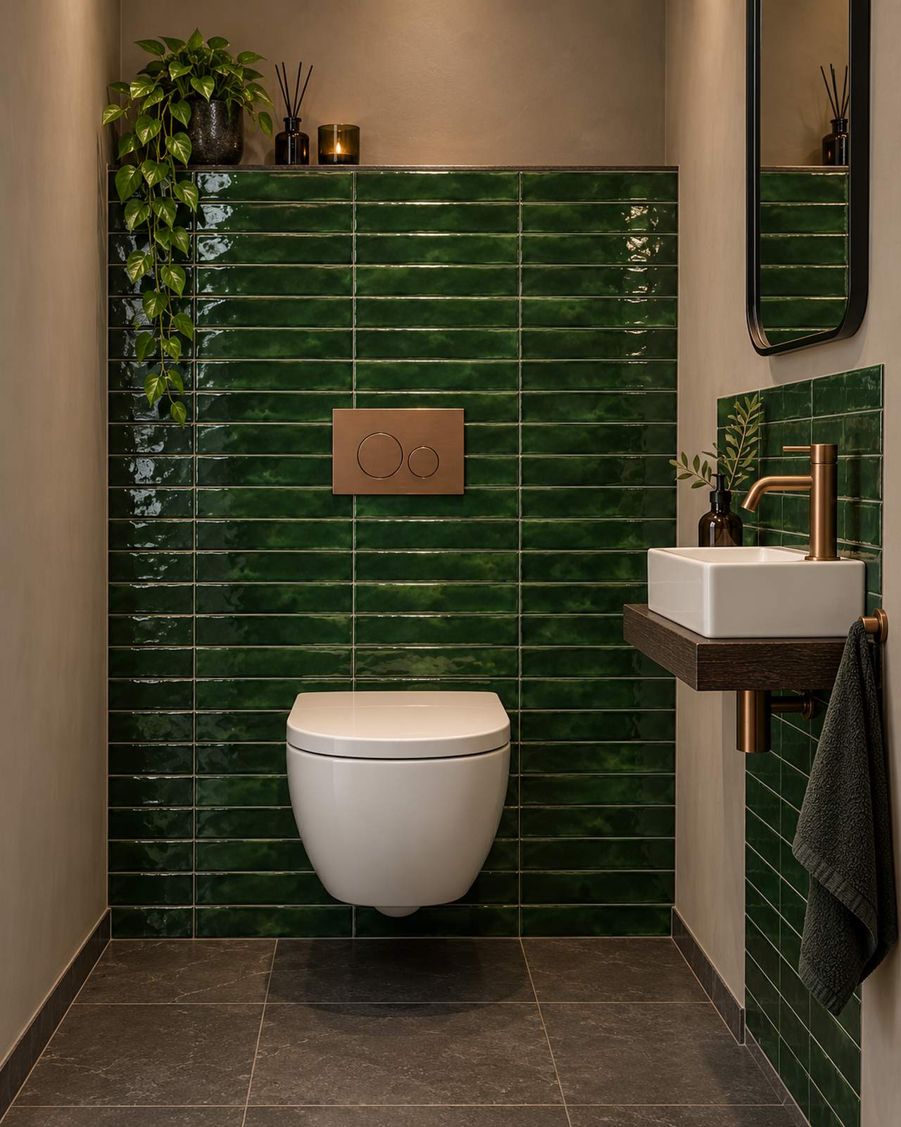 Toilet met Mindelo Glans Flessengroen 5x25 wandtegels en koperen accessoires